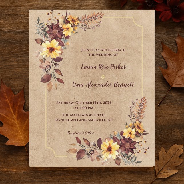 Lámina Invitación a la boda de la floral floral rusa borg (Rustic Burgundy Yellow Floral Fall Wedding Invite)