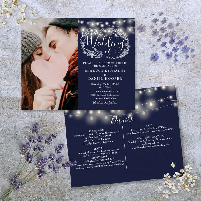 Lámina Invitación a la boda de la foto de las luces azule (Budget Navy Blue Lights Photo Wedding Invite)