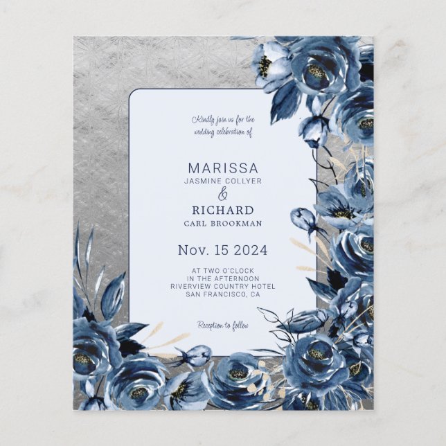 Lámina Invitación a la boda de la Marina Azul Floral Plat (Anverso)