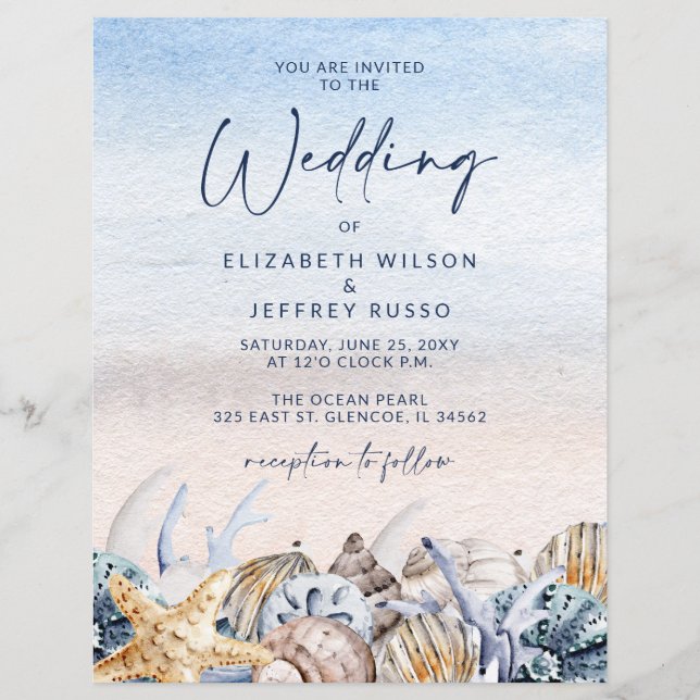 Lámina Invitación a la boda de la playa de Seashells con  (Anverso)