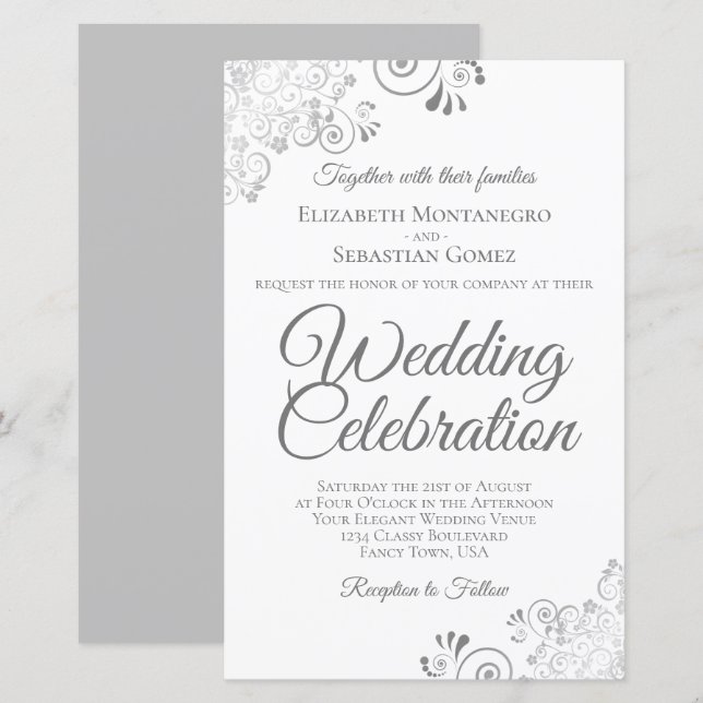 Lámina Invitación a la boda de Lacy Silver y White BUDGET (Anverso / Reverso)