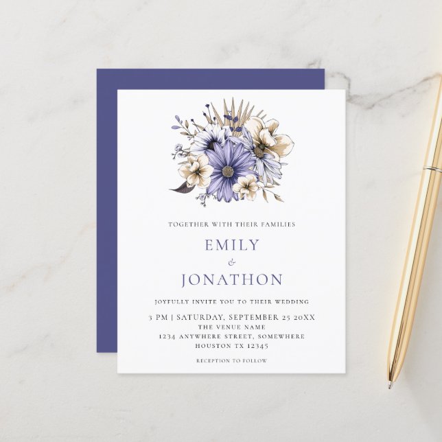 Lámina Invitación a la boda de las elegantes flores púrpu (Anverso/Reverso In Situ)