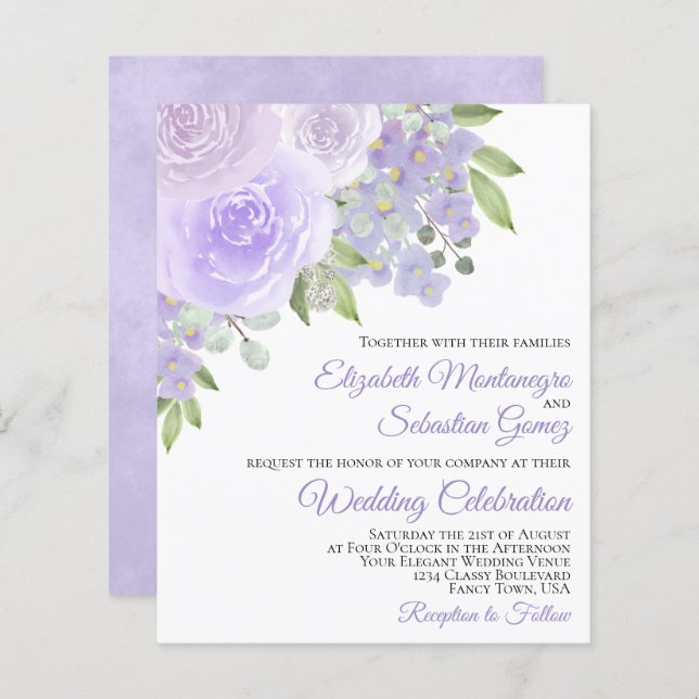 Lámina Invitación a la boda de Lavender Rosas Púrpura (Anverso / Reverso)
