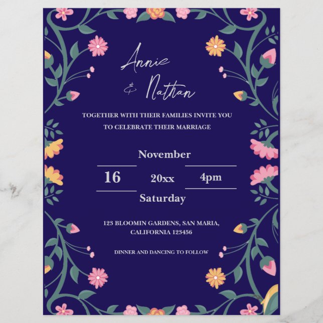 Lámina Invitación a la boda de marco floral con bonito in (Anverso)