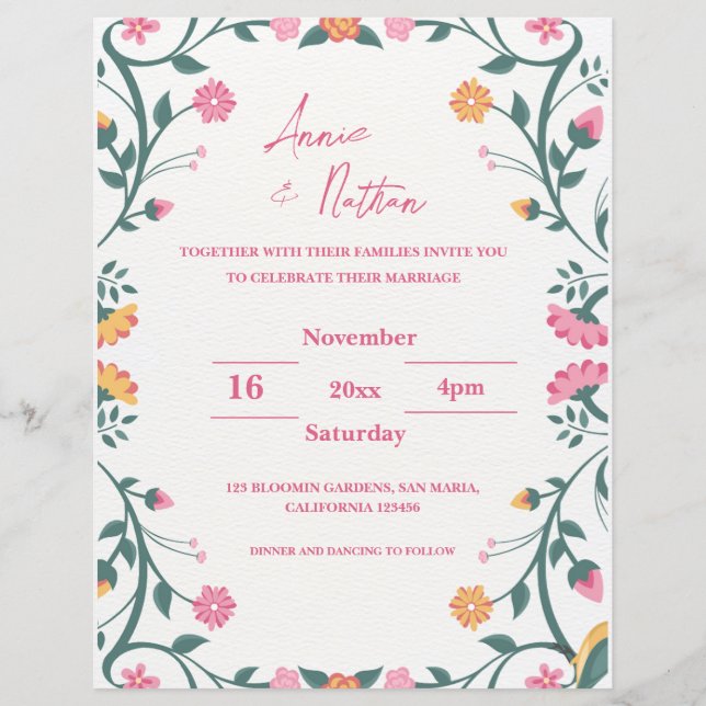 Lámina Invitación a la boda de marco floral con bonito in (Anverso)