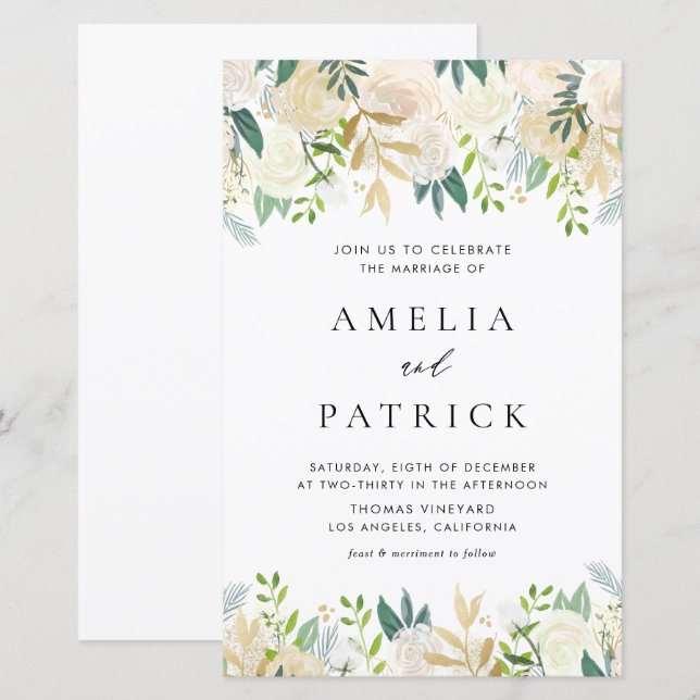 Lámina Invitación a la boda de marfil con acuarela de col (Anverso / Reverso)