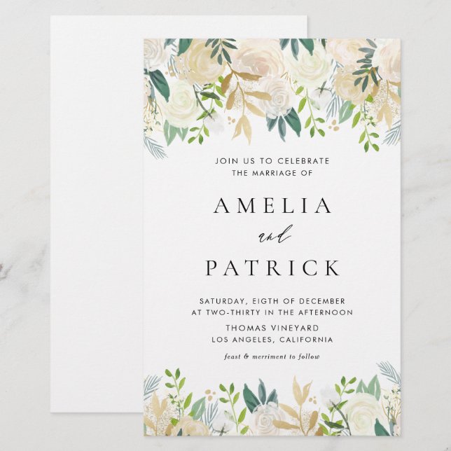 Lámina Invitación a la boda de marfil con acuarela de col (Anverso / Reverso)