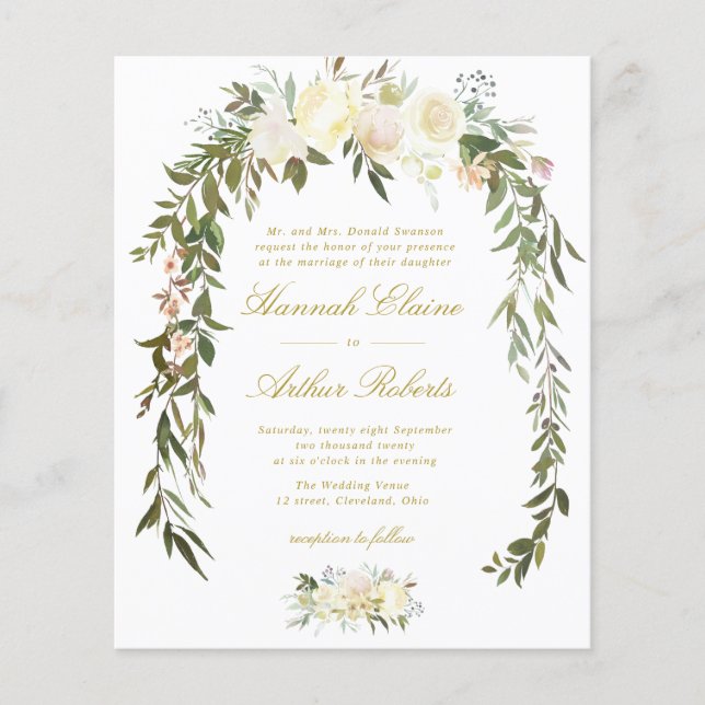 Lámina invitación a la boda de marfil con flores (Anverso)