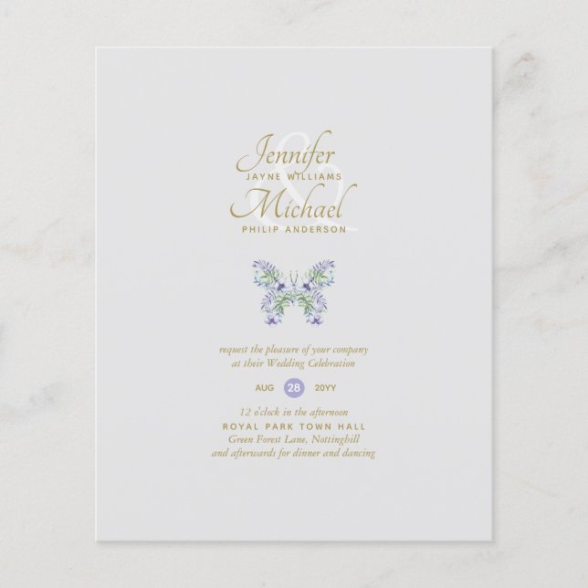 Lámina Invitación a la boda de mariposa de lavanda BUDGET (Anverso)