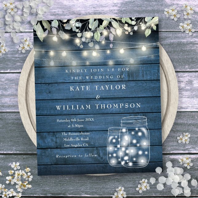 Lámina Invitación a la boda de Mason Jar con luces rustic (Budget Blue Rustic Lights Mason Jar Wedding Invite)