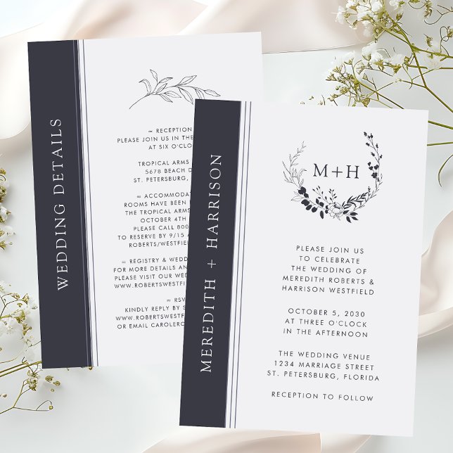 Lámina Invitación a la boda de monograma blanco y negro d (Budget Monogram Wreath Black and White All in One Details on Back Wedding Invitation)