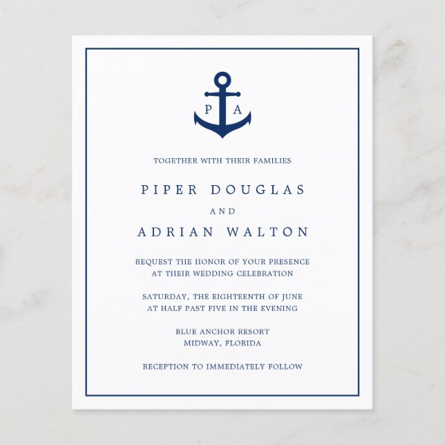 Lámina Invitación a la boda de monograma de Anchor Nautic (Anverso)