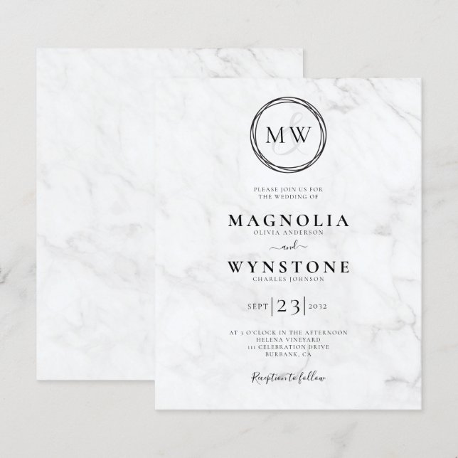 Lámina Invitación a la boda de monograma de mármol elegan (Anverso / Reverso)