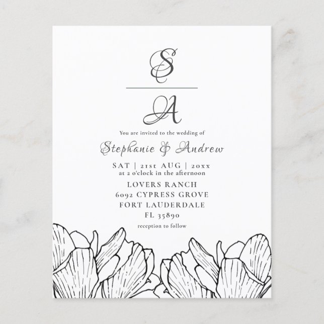 Lámina Invitación a la boda de monograma floral moderno d (Anverso)