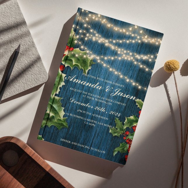 Lámina Invitación a la boda de Navidades de Blue Wood Ber (Blue Wood Berries Christmas wedding Invitation )