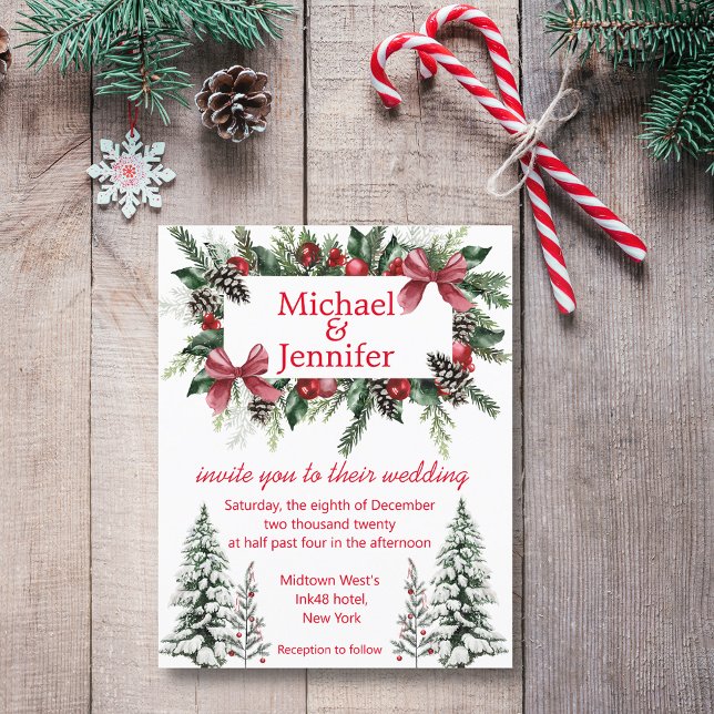 Lámina invitación a la boda de navidades de guiones rojos (christmas vintage wedding invitation)