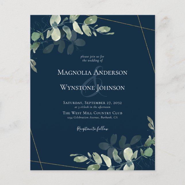 Lámina Invitación a la Boda de Oro Azul Eucalyptus de Pre (Anverso)
