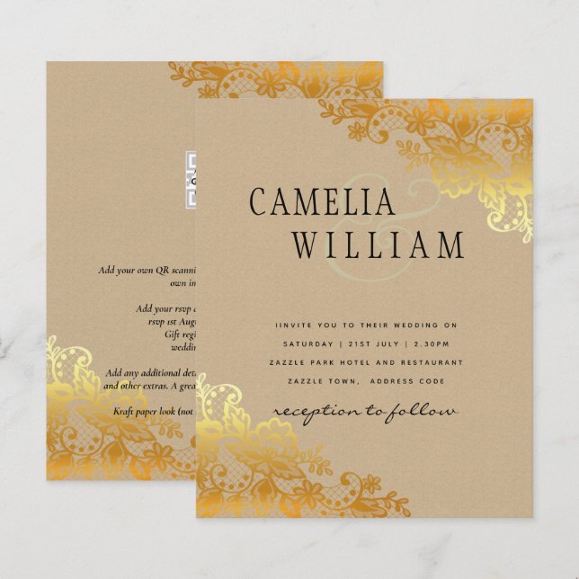 Lámina Invitación a la boda de oro Lace Classic de BUDGET (Anverso / Reverso)