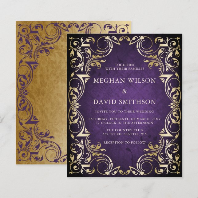 Lámina Invitación a la Boda de Oro Púrpura Ornamental Pre (Anverso / Reverso)