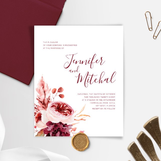 Lámina Invitación a la boda de otoño borgoñona y rosa (Subido por el creador)
