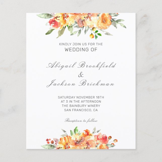 Lámina Invitación a la boda de otoño floral de presupuest (Anverso)