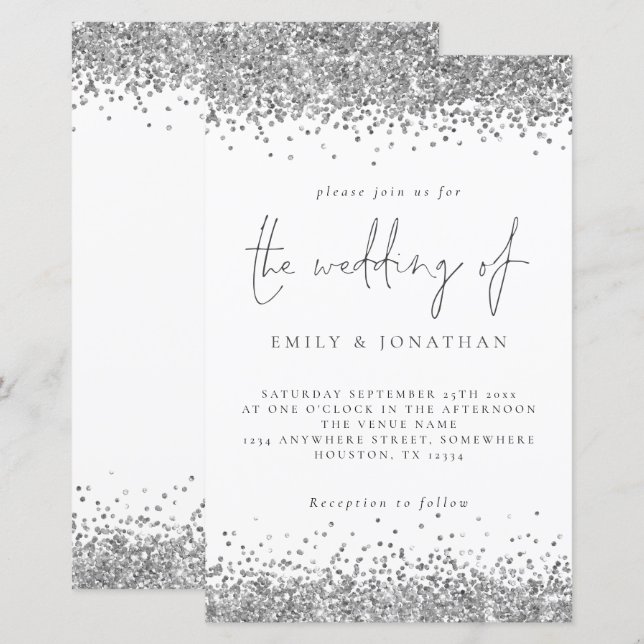 Lámina Invitación a la boda de Purpurina de plata de Glam (Anverso / Reverso)