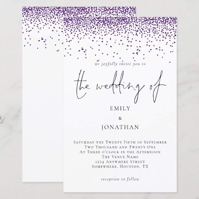 Lámina Invitación a la boda de Purpurina púrpura presupue (Anverso / Reverso)