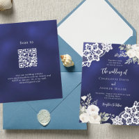 Invitación a la boda de QR por rosas blancas azule
