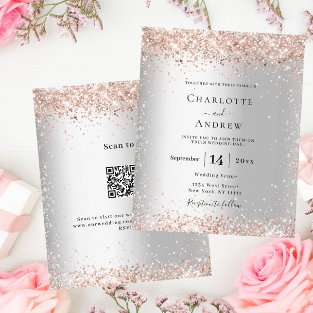 Lámina Invitación a la boda de rosa de plata QR RSVP (Subido por el creador)