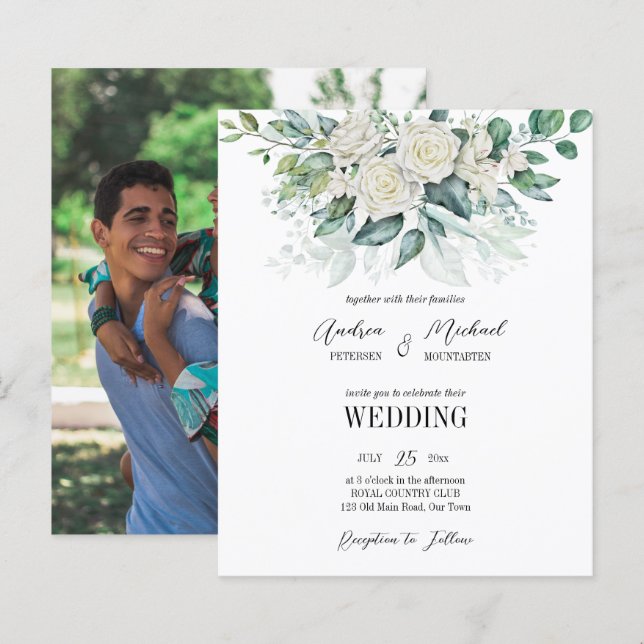 Lámina Invitación a la boda de rosas blancas de eucalipto (Anverso / Reverso)