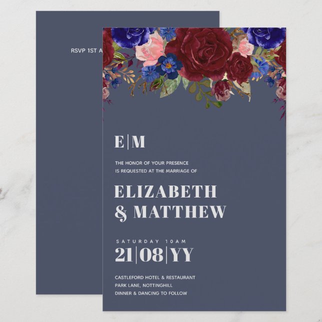 Lámina Invitación a la boda de Rosas Bouquet Borgoña Azul (Anverso / Reverso)