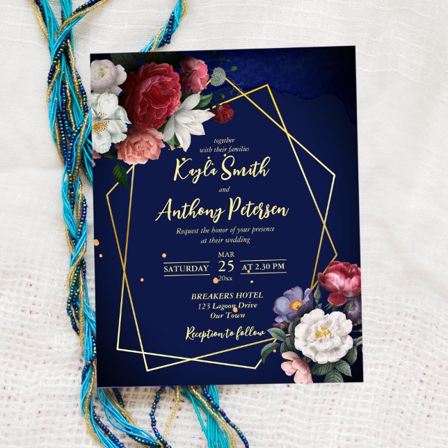Lámina Invitación a la boda de rosas burdeos azul marino  (Subido por el creador)