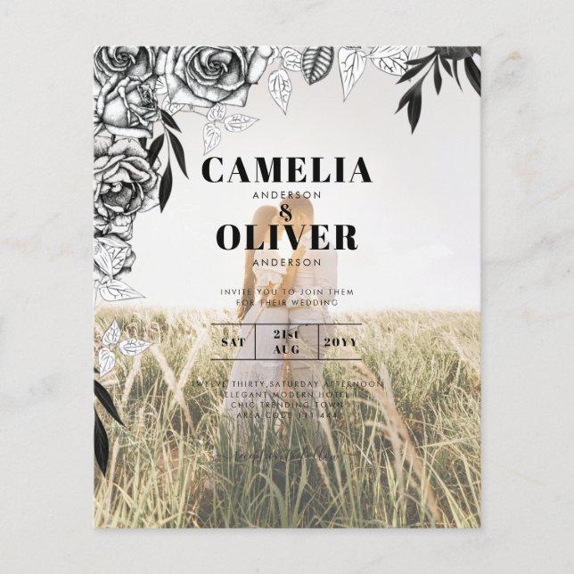 Lámina Invitación a la boda de Rosas negros con foto de d (Anverso)