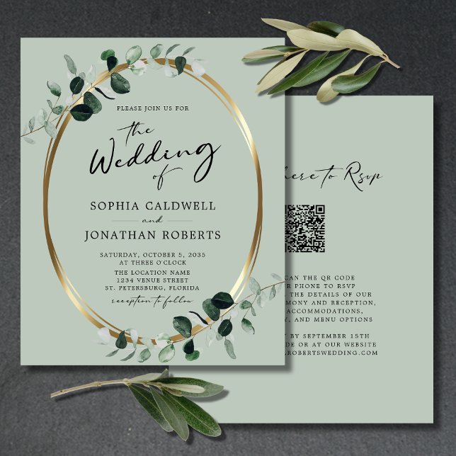 Lámina Invitación a la boda de sabios del código QR de or (Budget Wedding Invitation QR Code RSVP Eucalyptus Gold Modern Calligraphy)