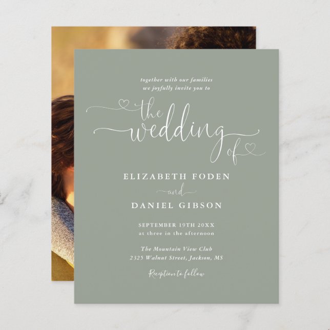 Lámina Invitación a la boda de Sage Green Hearts (Anverso / Reverso)