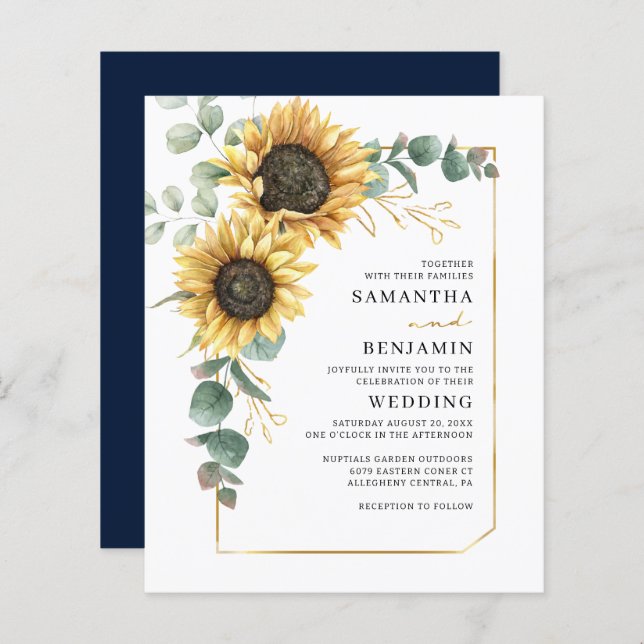 Lámina Invitación a la boda de Sunflower Floral Green (Anverso / Reverso)