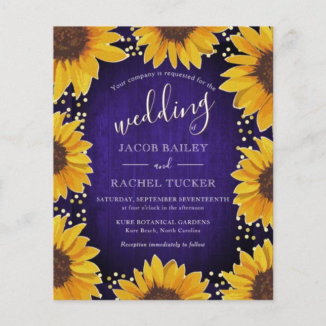 Lámina Invitación a la boda de Sunflowers Gold Dots Blue  (Anverso)