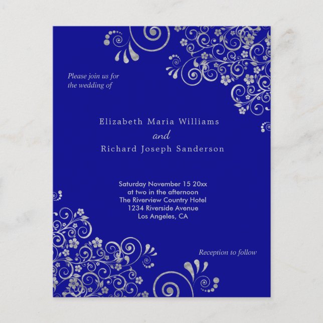 Lámina Invitación a la boda de Swirls Blue Silver de la M (Anverso)
