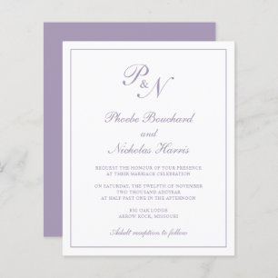 Lámina Invitación a la boda de un monograma púrpura polvo