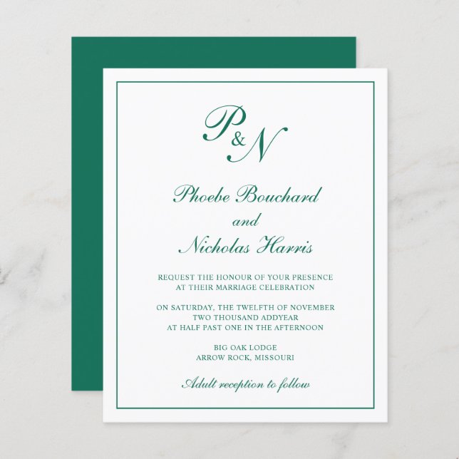 Lámina Invitación a la boda de un Monograma Verde Esmeral (Anverso / Reverso)