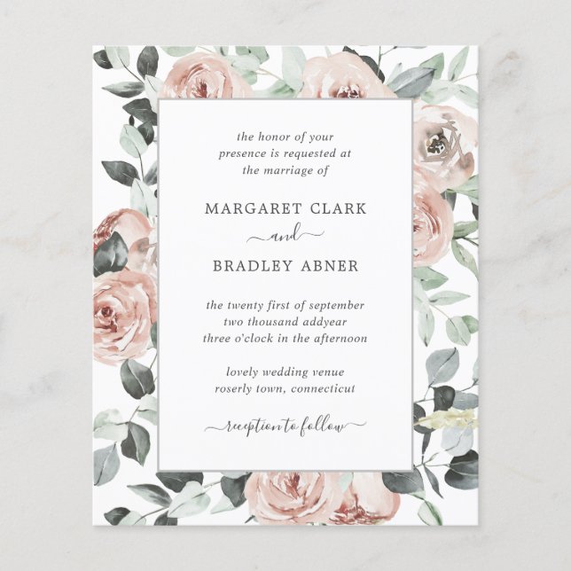 Lámina Invitación a la boda de un presupuesto floral rosa (Anverso)