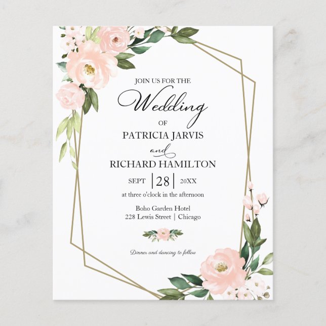 Lámina Invitación a la boda de un presupuesto floral rosa (Anverso)