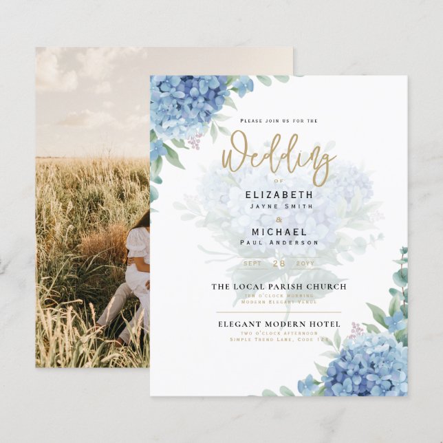 Lámina Invitación a la boda de una foto de Hydrangea azul (Anverso / Reverso)