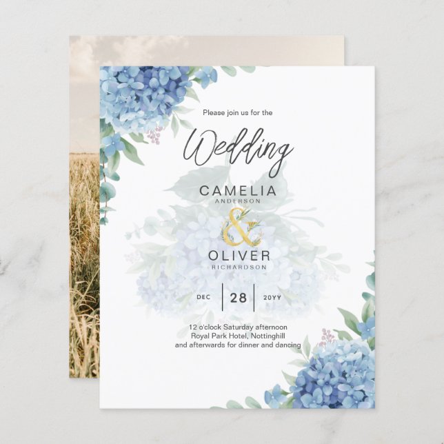 Lámina Invitación a la boda de una foto de Hydrangea azul (Anverso / Reverso)