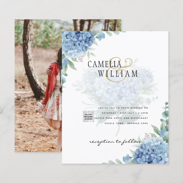 Lámina Invitación a la boda de una foto de Hydrangea azul (Anverso / Reverso)