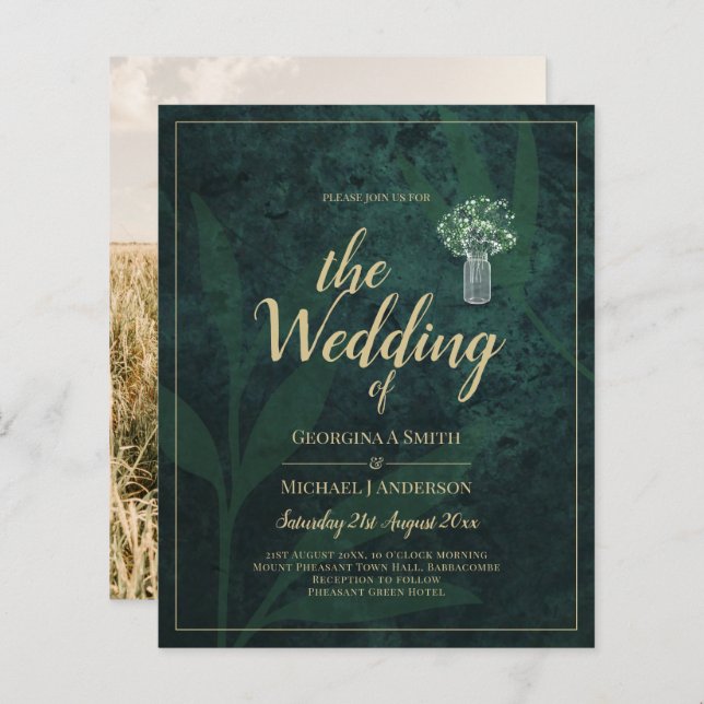 Lámina Invitación a la boda de una foto verde en el bosqu (Anverso / Reverso)