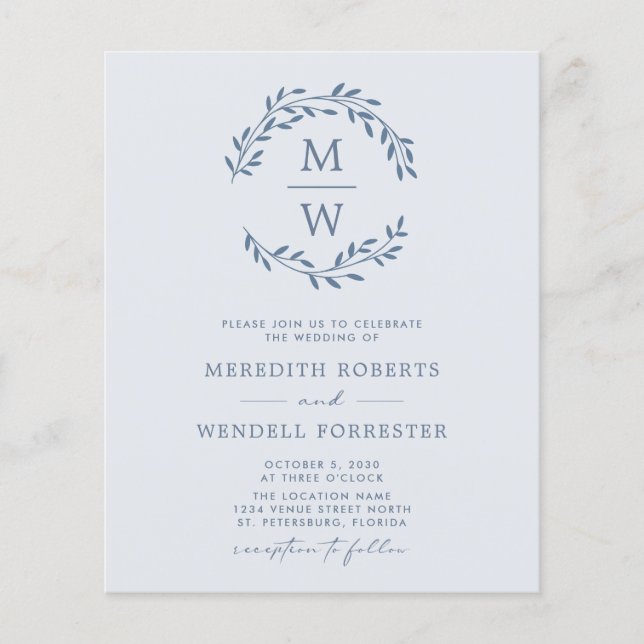 Lámina Invitación a la boda de Wreath de monograma azul t (Anverso)