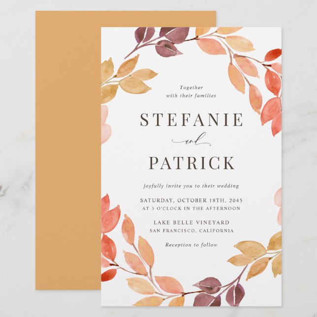 Lámina Invitación a la boda de Wreath de otoño de acuarel (Anverso / Reverso)