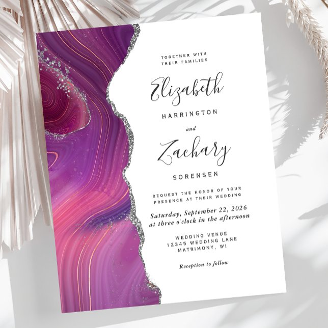 Lámina Invitación a la boda del ágata de plata magenta de (Subido por el creador)