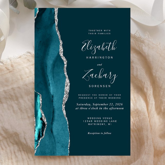 Lámina Invitación a la boda del Agate de Plata Azul Verde (Subido por el creador)